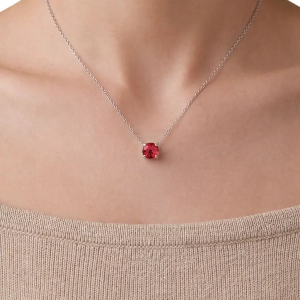 Red Round Solitaire Semi Silver Pendant Necklace : ROND-RED-10-SM-G-C