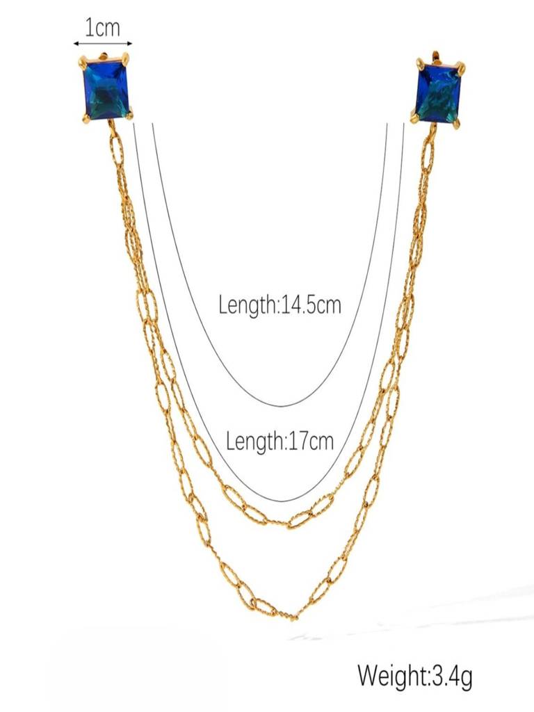 Blue Zircon & Chain Brooch Collar Pin 18K Gold Plated Anti-Tarnish Waterproof : AHC0526BR23BL