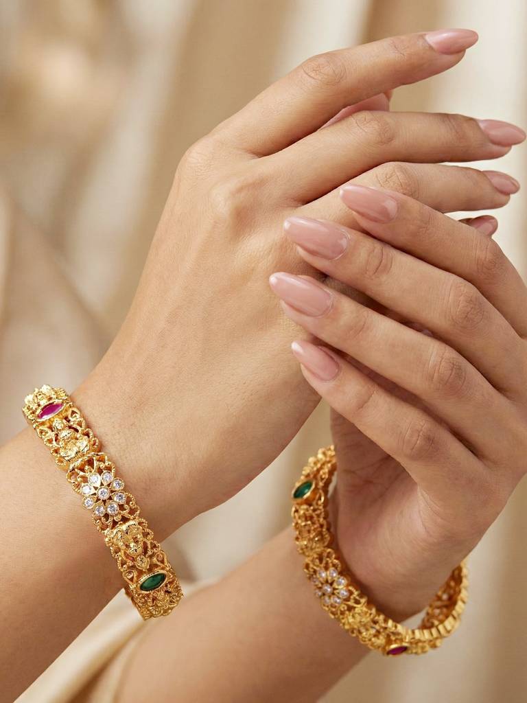Gold Plated Laxmi Ji Temple Floral Design Ad Bangle For Women With Pink & Green Stones | Traditional Brid : 866-C1BG-2207-2-24