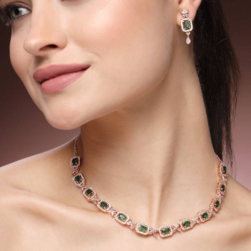 Graceful Radiance: Rose Gold Finish Green American Diamond Necklace Set – Featherlight Signature Jewelry For : AD-837-RGGNNKER