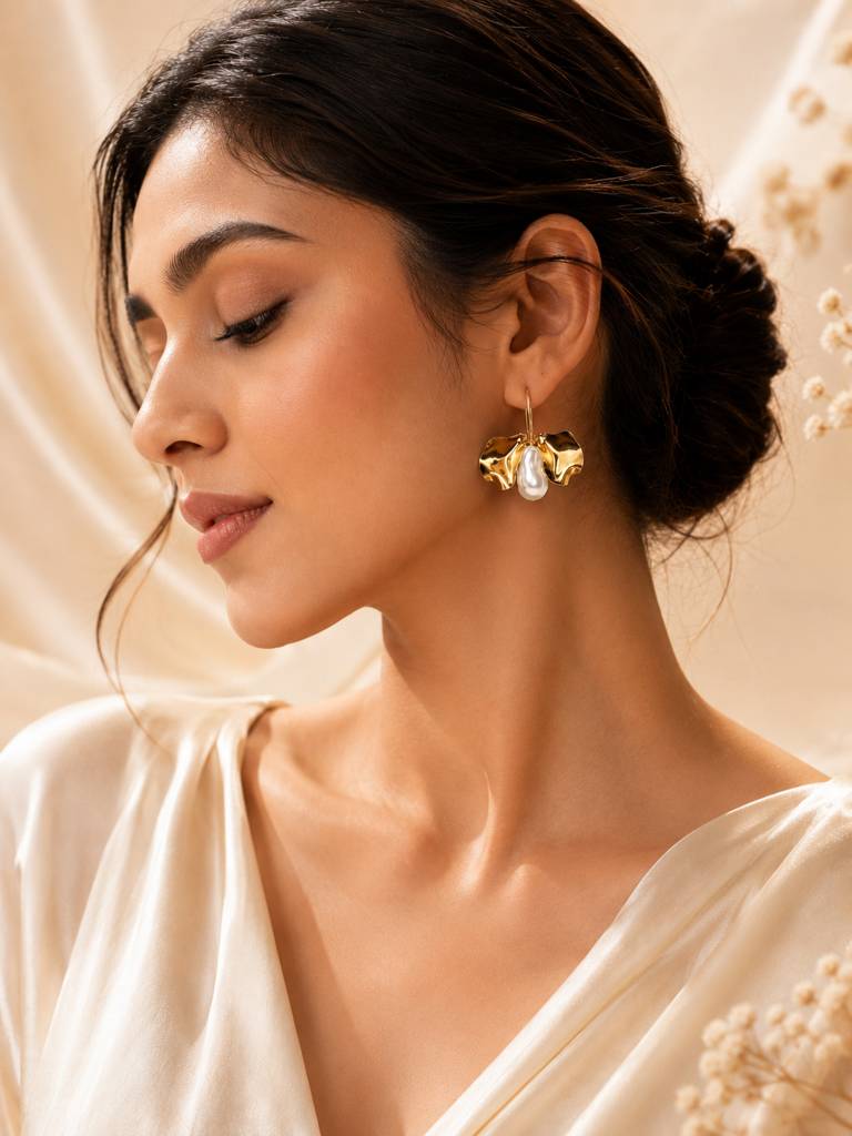 Baroque Pearl Gold Leaf Earrings : AN-LJ-GO-0070-DE