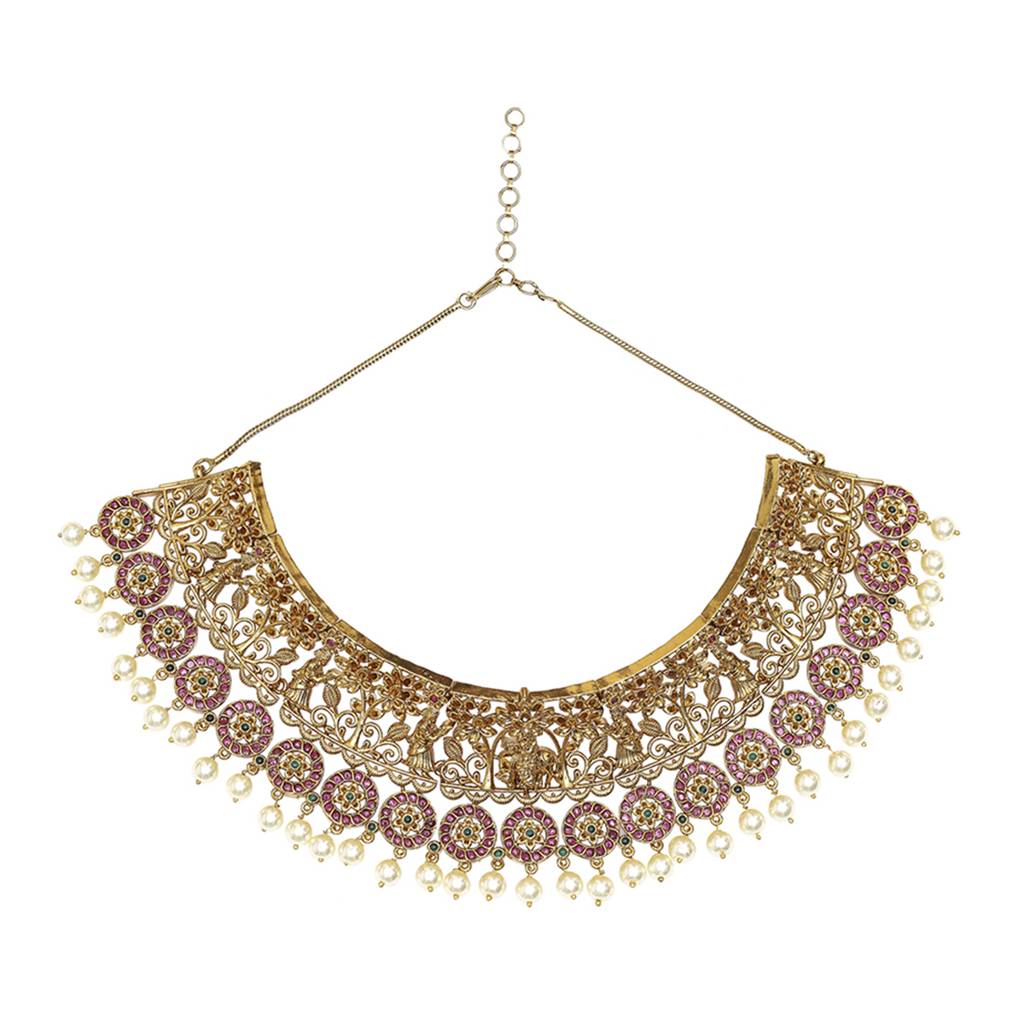 Temple Inspired Faux Pearls And Cz Gems Brass Gold Plated Jewellery Set : 8905124465433