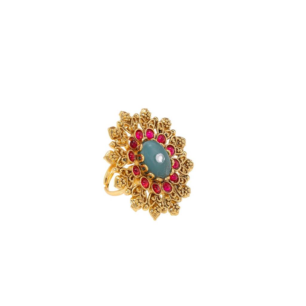 Ethnic Gold Plated Rani Pink Green Adjustable Finger Ring For Women : PF04R06RPG