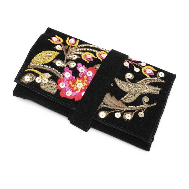 Handmade Embroidered Jewelry Storage Roll, Black Suede Fabric With Bugle Beads And Sequin : LM1027-Blk