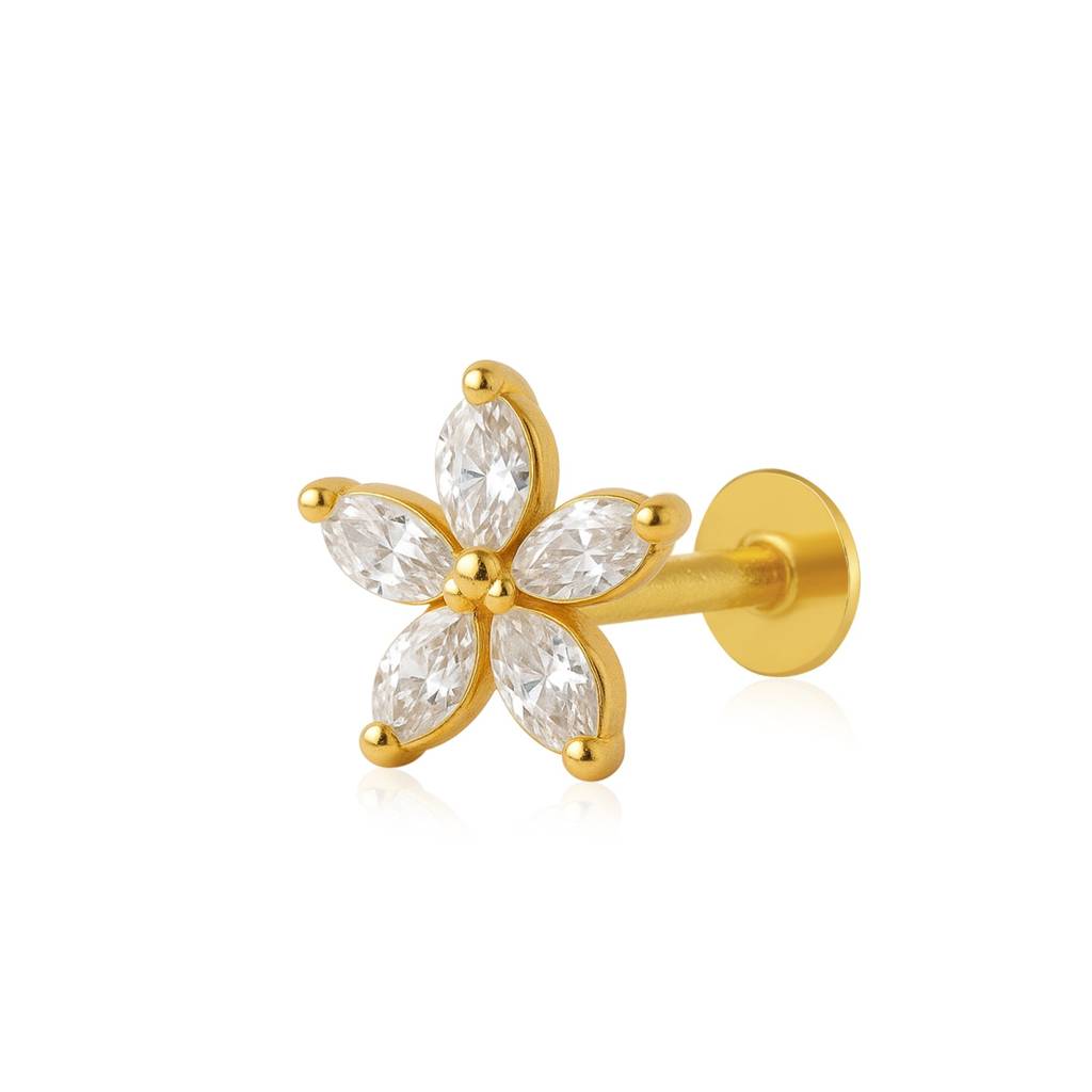 White Cz Marquise Five-Petal Nose Floral Pin 925 Sterling Silver Gold-Plated : NP-0019-N-1-snp-0037