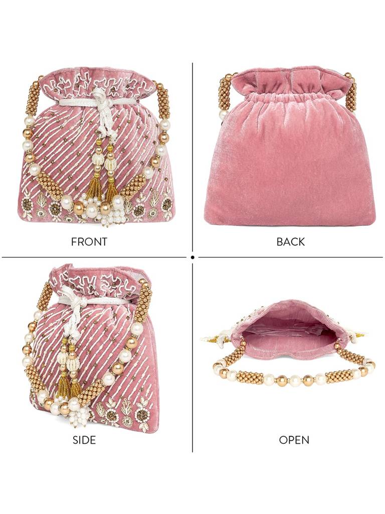 Pink Potli Purses For Women Handmade Evening Handbag Stylish Bridal Fashion Wristlet Bag For Girls (P133Pk) : P133PK