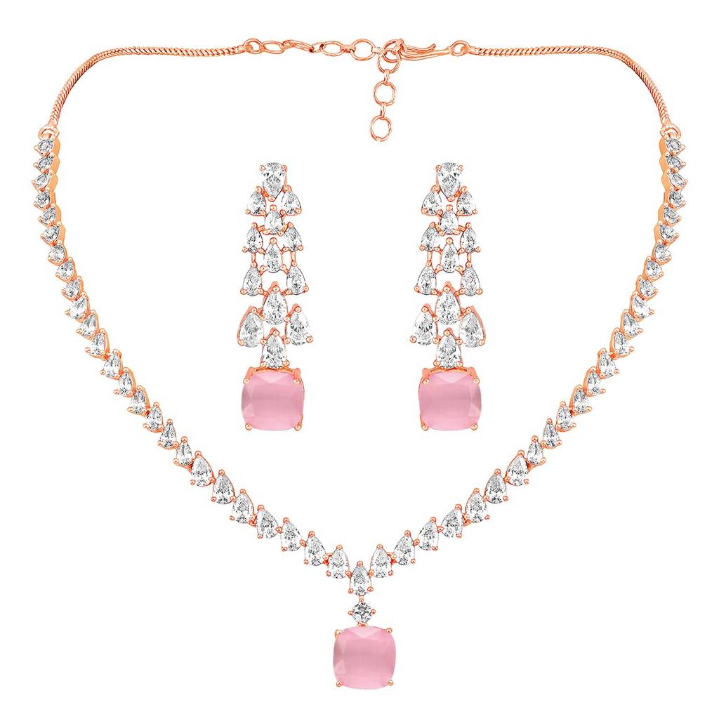 Rose Gold Plated Cubic Zirconia Studded Pretty In Pink Pendant Style Necklace & Drop Earrings Fashion Jewellery S : PF67N95CPK