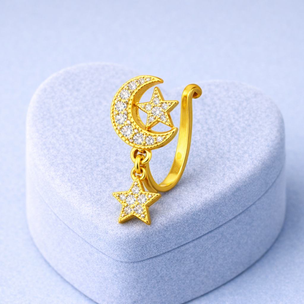 Cz Dangle Moon & Star Clip-On Nose Pin 925 Sterling Silver Yellow Plated : CNP-0007