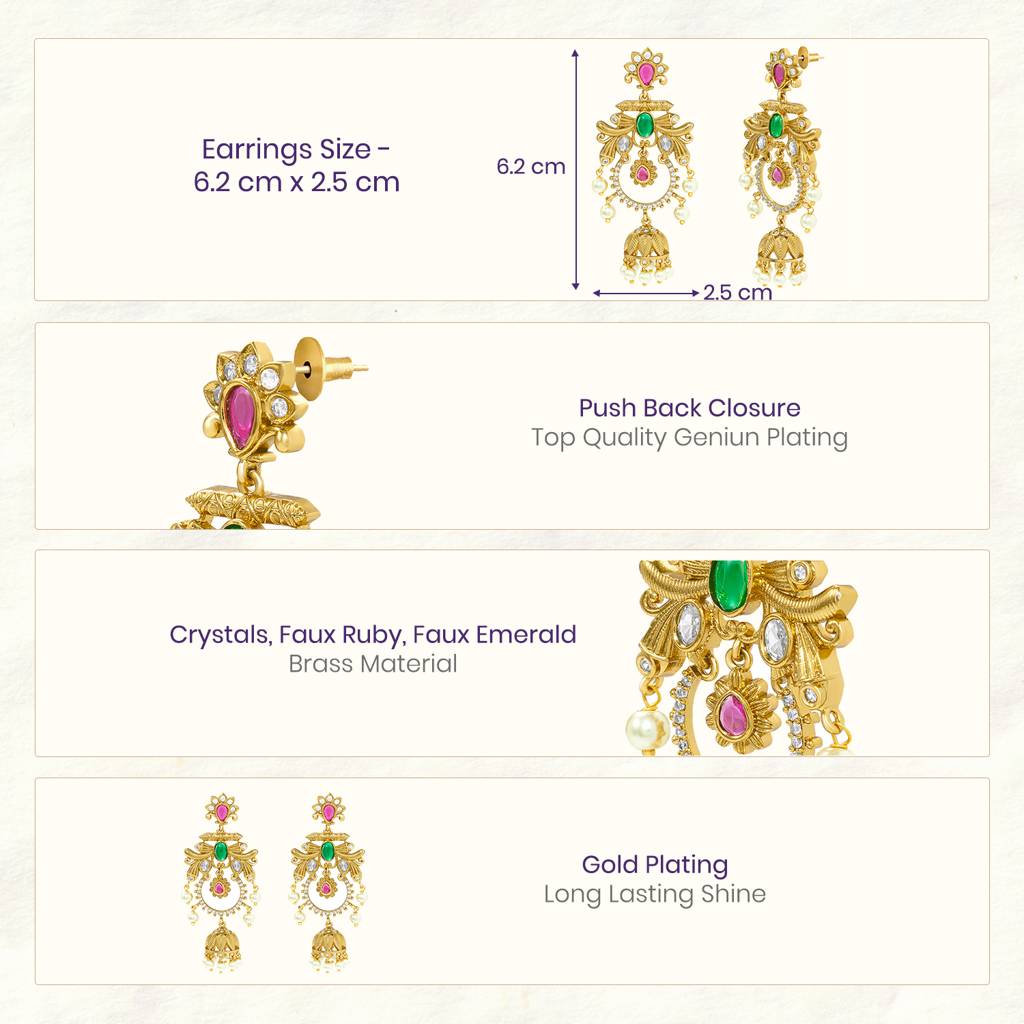 Ethnic Dangle Jhumki Earrings For Women & Girls Gold Plated Faux Emerald Ruby & Crystals Studded Festive Bridal Je : PF76E02RG