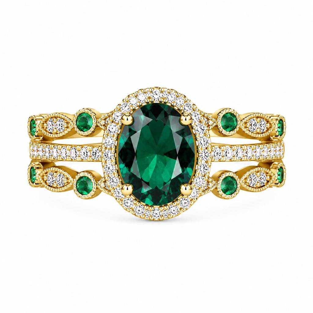 Fancy Green Gold Plated Set Of 3 Finger Ring For Women Size - Us 7 Crystal & Cz Studded Festive & Casual Wear  : PX9R3073GRN-7
