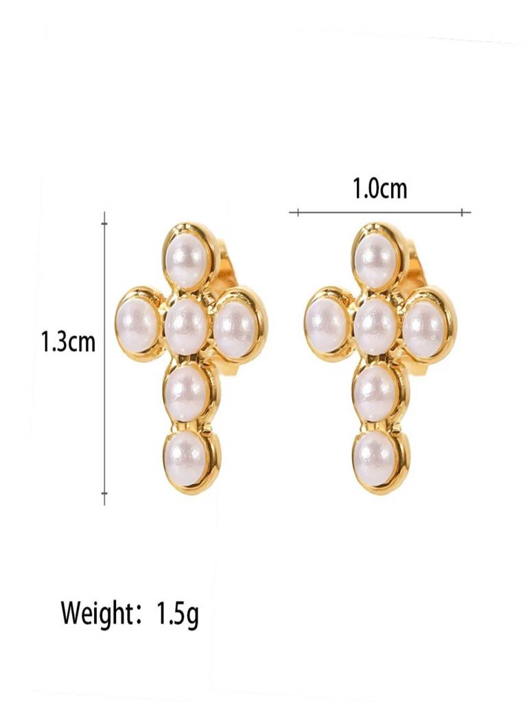 Cross Pearl Stud Earrings Anti-Tarnish Waterproof 18K Gold Plated For Women : AWX0925E2176