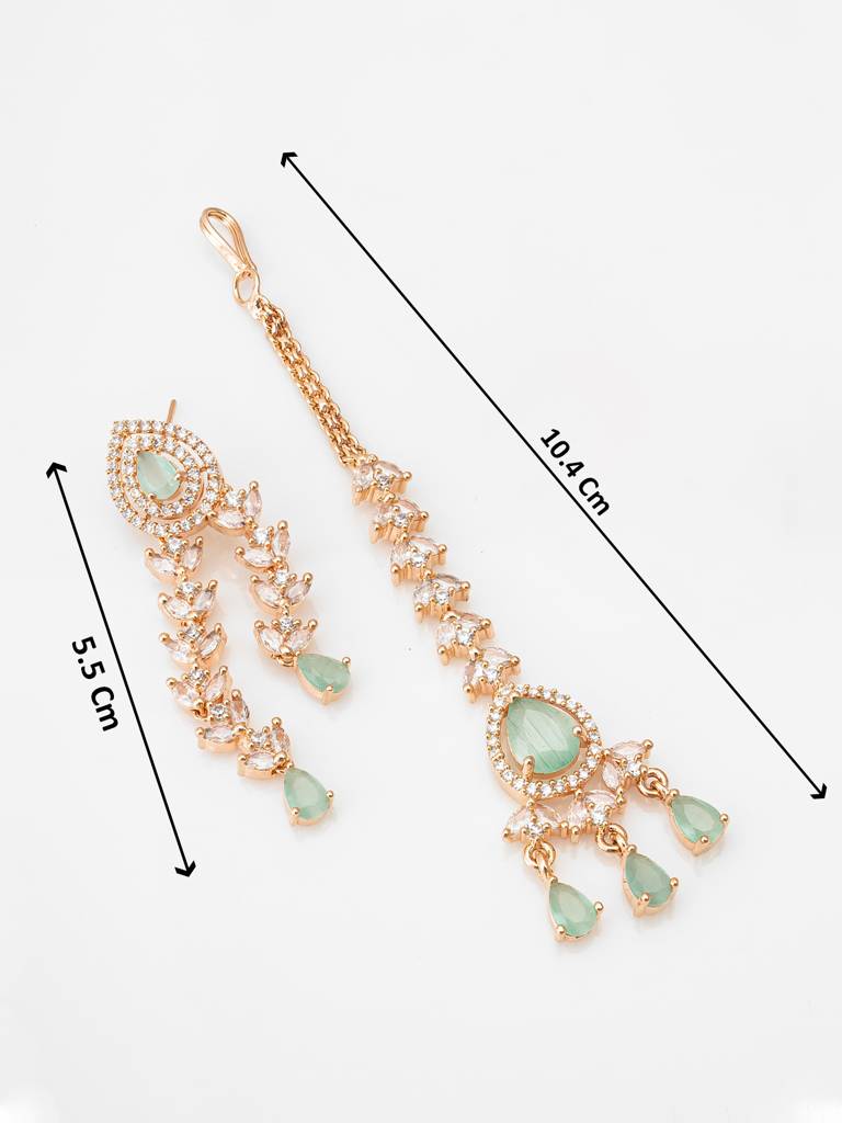Rose Gold-Plated Ad Multi-Strand Necklace Set With Earrings And Maang Tikka In Mint Green And White Stones : NK4207