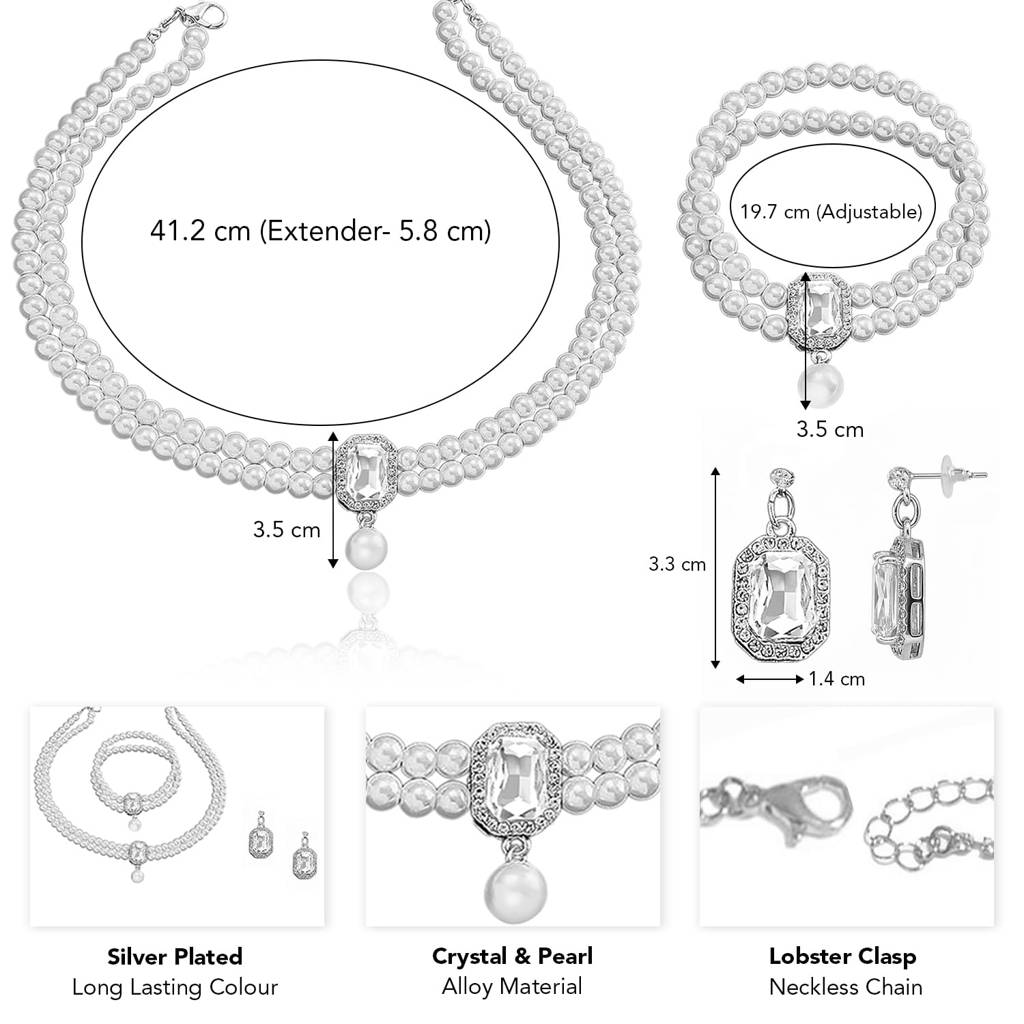 Silver Plated Pearl & Crystal Studded Necklace Earrings Bracelet Set Contemporary Jewellery For Women : PX9N249W