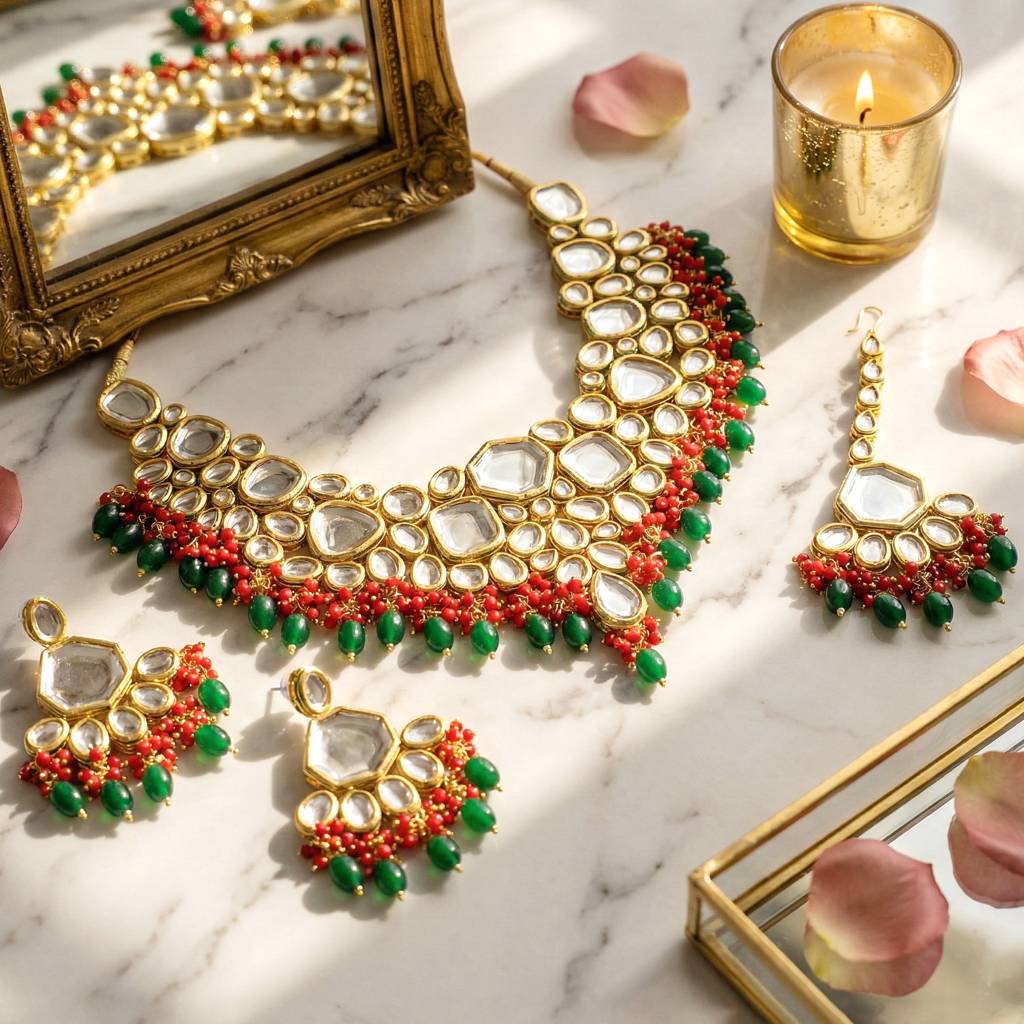 18 Kt Gold Plated Bridal & Semi-Bridal Necklace Set With Earrings & Maang Tikka : 3947-J5SK-1574-REDG