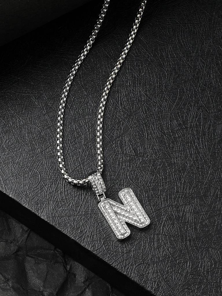 Men'S Embellished Alphabet Pendant Necklace - Silver : FANC1071-N