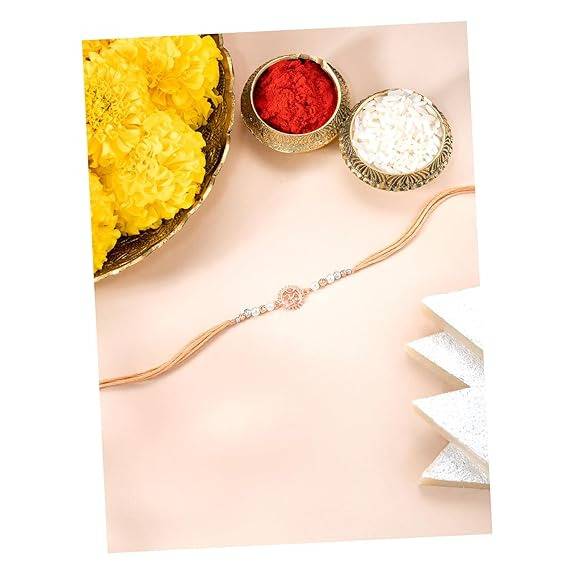925 Sterling Silver Om & Beads Rose Gold Plated Rakhi For Brother Bhaiya Cream Thread Raksha Bandhan Hamper With Rol : R18S01C