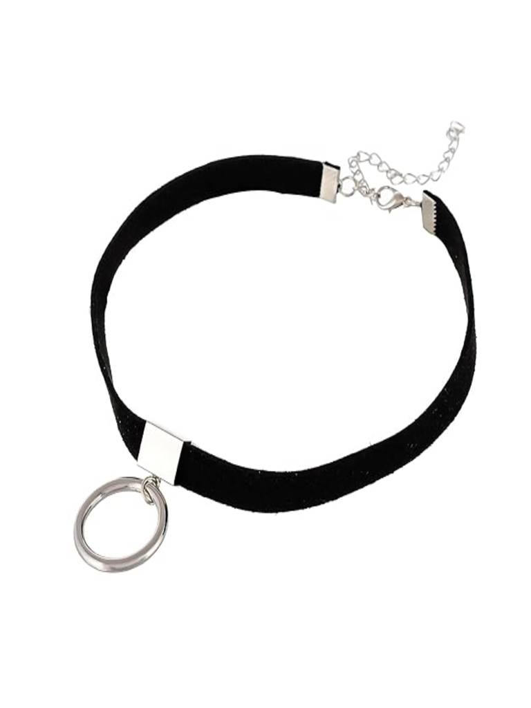 Silver Plated Black Faux Leather With Round Pendant Choker Necklace : ASK0322N450S