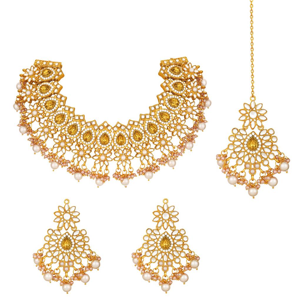 Peora Gold Plated Kundan Dangling Pearls Necklace Earring Maangtikka Jewellery Set For Women : PF28N126LCT