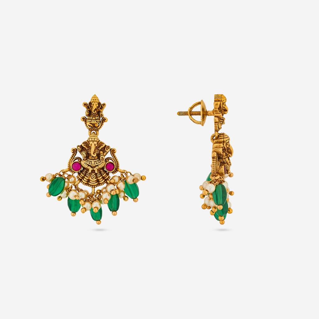 Ruby-Green Gold - Plated Festive Temple Earring - 452104 : 452104