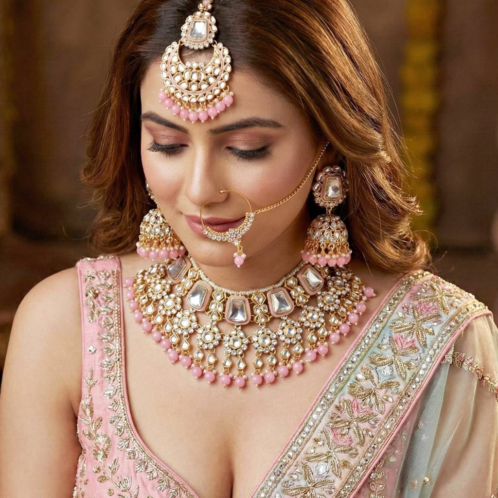 18 Kt Gold Plated Bridal & Semi-Bridal Necklace Set With Earrings, Maang Tikka & Nath : 2476-M8SK-1101-PK