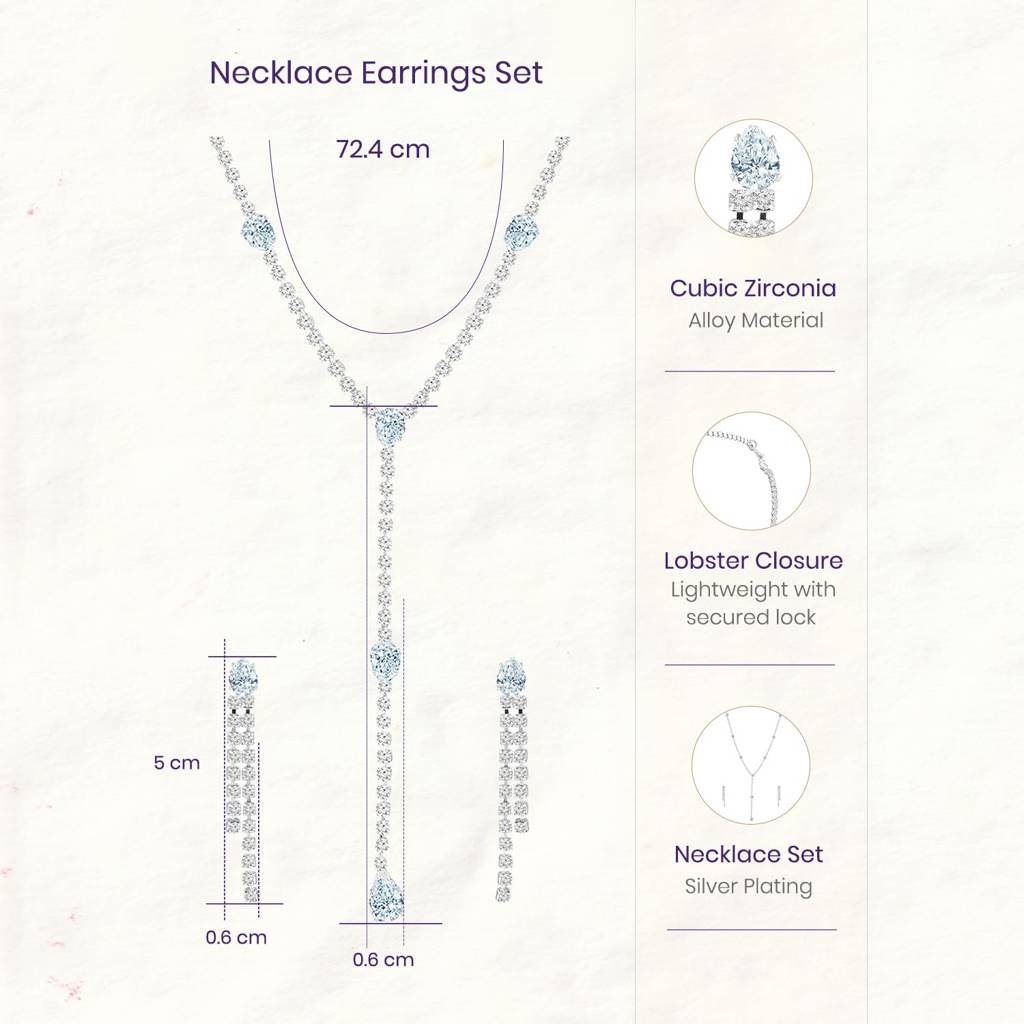 White Western Pendant Style Necklace Earrings Set For Women & Girls Cubic Zirconia Studded Fancy Design Festive Jew : PX9N190W