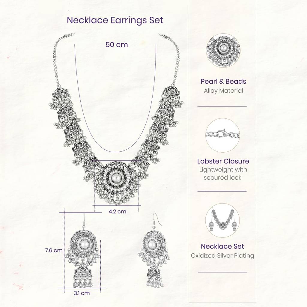 Ethnic Oxidised Necklace Earrings Set For Women & Girls Pearl & Beads Studded Festive Stylish Design Jewellery Gif : PX9N166OX