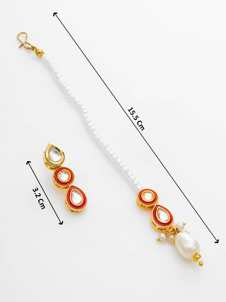 Red & White Kundan Pearl Choker Necklace Set With Maang Tikka For Women : NK4735