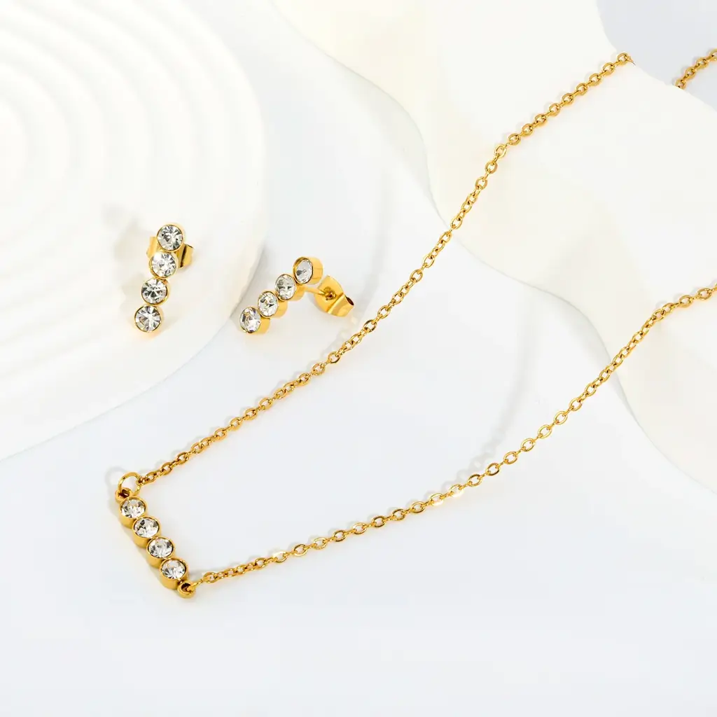Crystal Bar Jewellery Set (Necklace + Earrings) | 18K Gold Plated | Cz Stones : TWLK-JWLRYSET-WMNS-CRSTLBAR-GLD-PK3