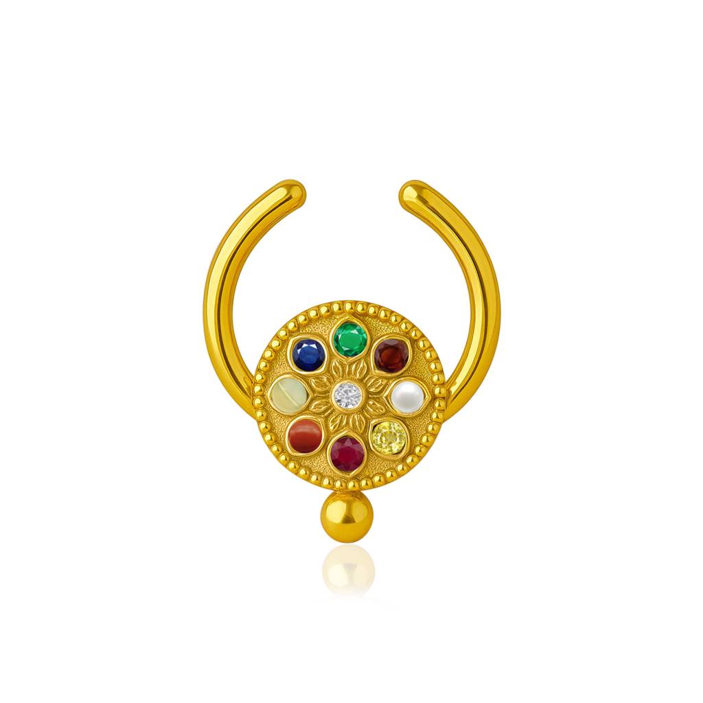 Navratna Classic Mandala Multi Gemstone Septum Nose Pin 925 Sterling Silver Gold Plated : snp-0061