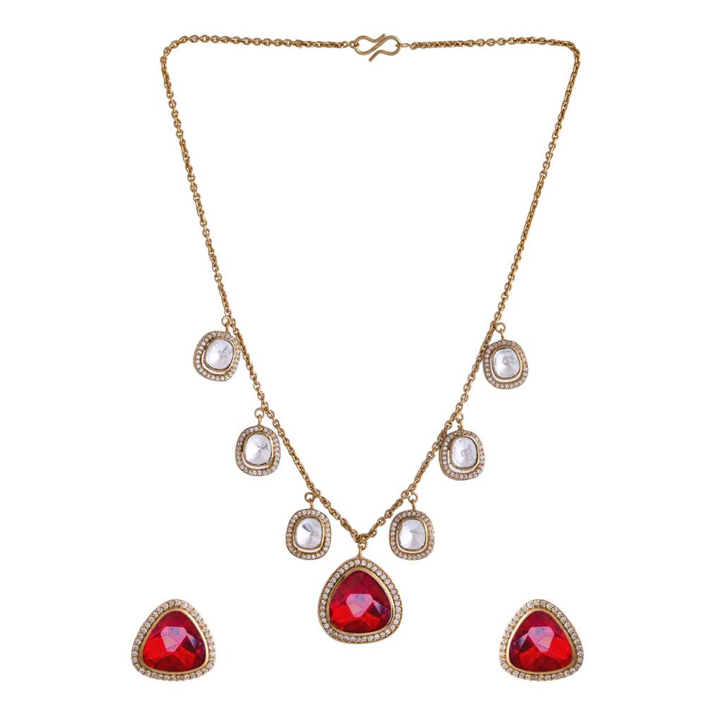 Hasli Regal Radiance Red Kundan Embellished Golden Necklace Set : 8905124535501