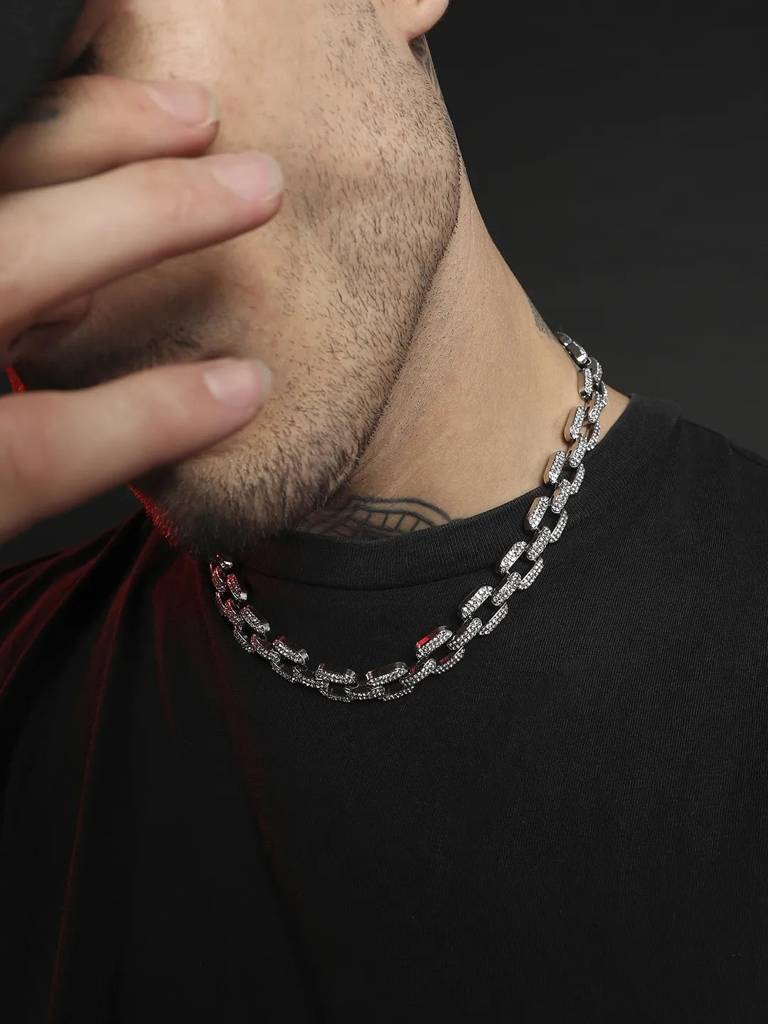 Men'S Embellished Overlay Chain Necklace - Silver : FANC1081