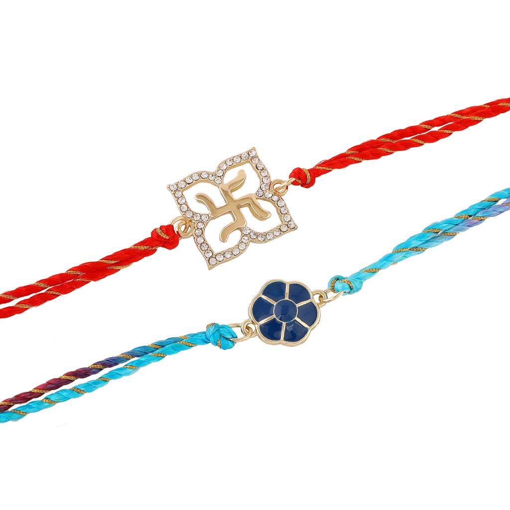 Gold Plated Blistering & Holy Swastika Bracelet With Austrian Crystals And Fancy Silk Thread (Combo Of 2) : COMBO-226-RAKHI