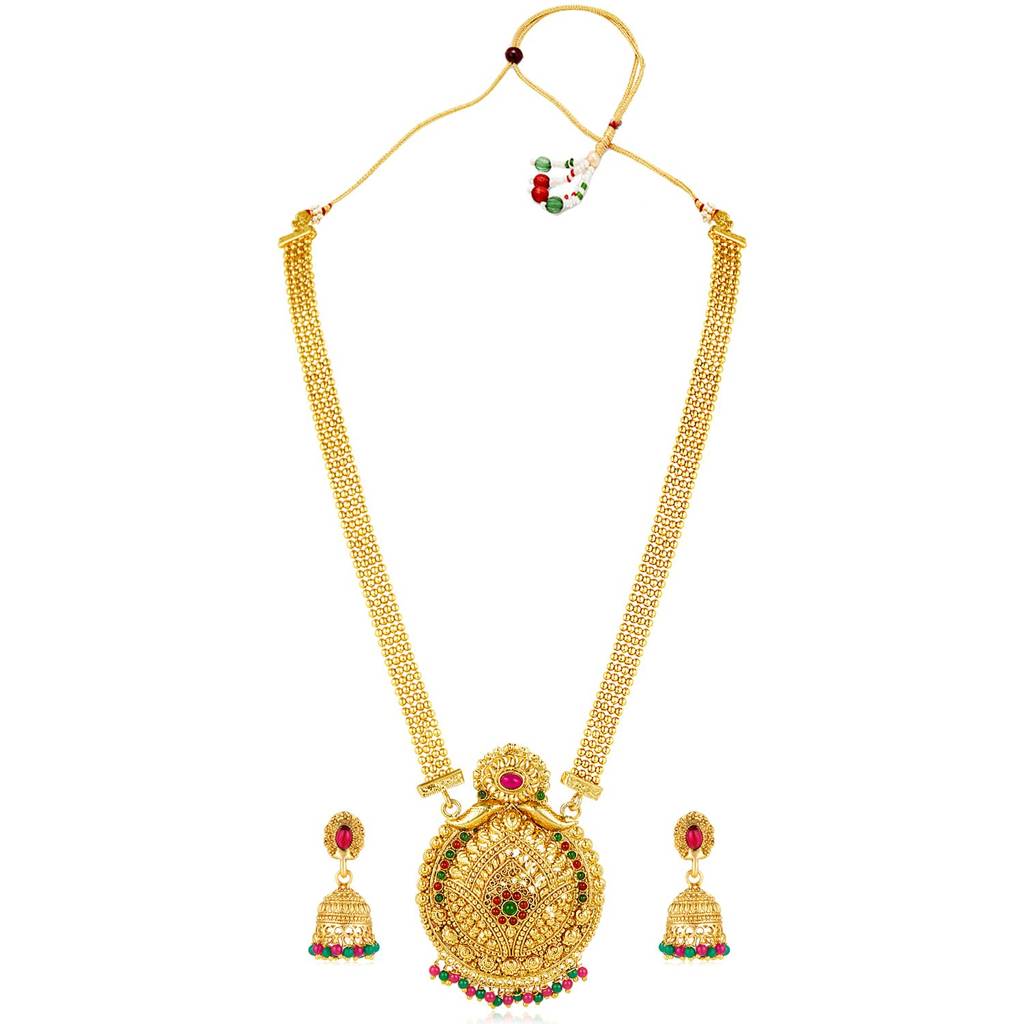 Gold Plated Rani Pink & Green Synthetic Stone Studded Long Maharani Haar Necklace & Jhumki Earrings Tradition : PF04NK10694RPG