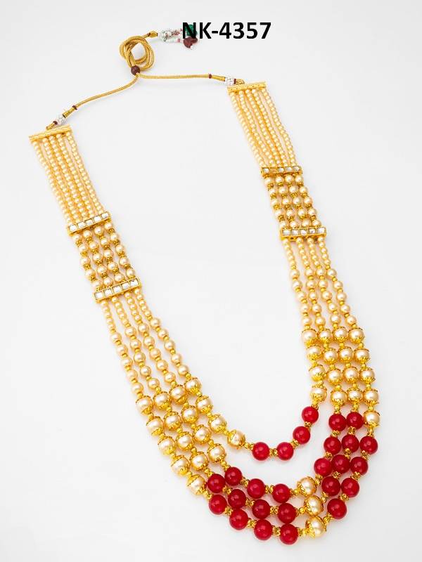 Five-Strand Pearl And Bead Kundan Long Necklace With Gold Caps : NK4357