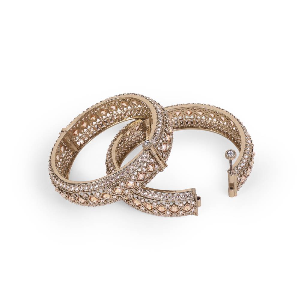 Incredible Rectangle Crystal Antique Gold Plated Set Of 2 Openable Bangles For Women : 6BG317_210