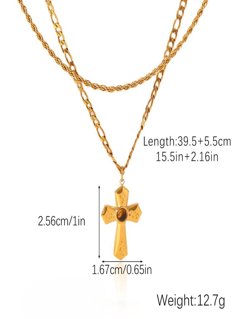 Layered Tiger Eye Cross Pendant Necklace 18K Gold Plated Anti-Tarnish Waterproof : AHC0526N477