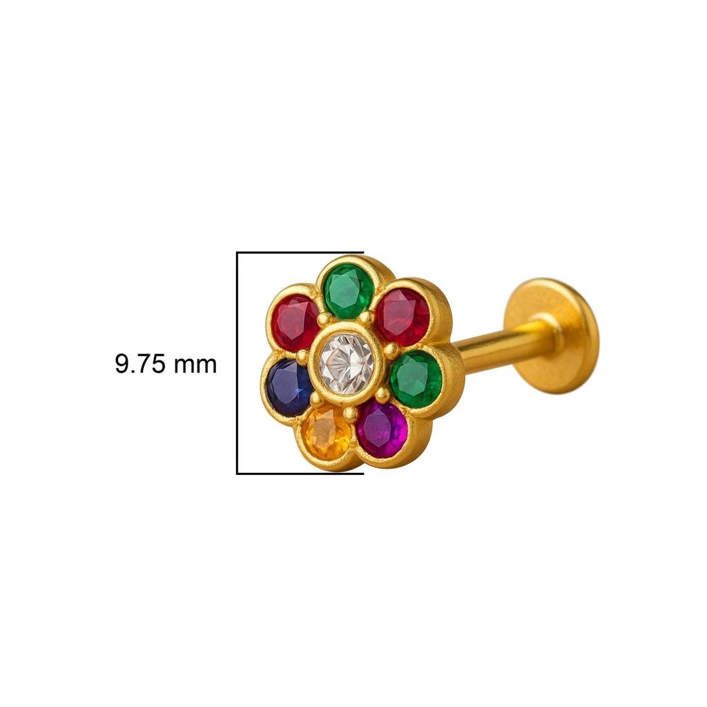 White Cz Center Navratna Floral  Nose Pin 925 Sterling Silver Gold-Plated : NP-0033-N-1-snp-0023