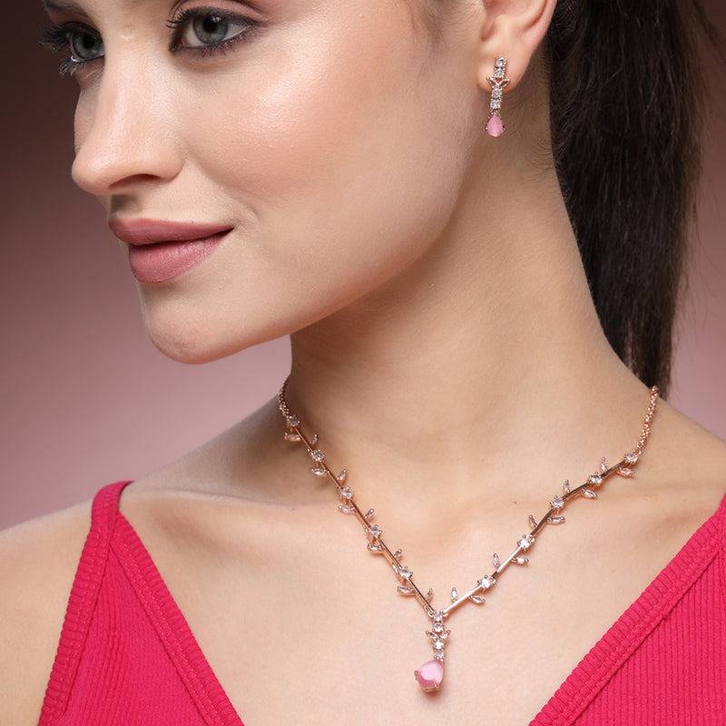 Refined American Diamond Teardrop Vine Leaf Motif Necklace Set– Lightweight Signature Jewelry For Bridesmaid : AD-854-RGMPNKER