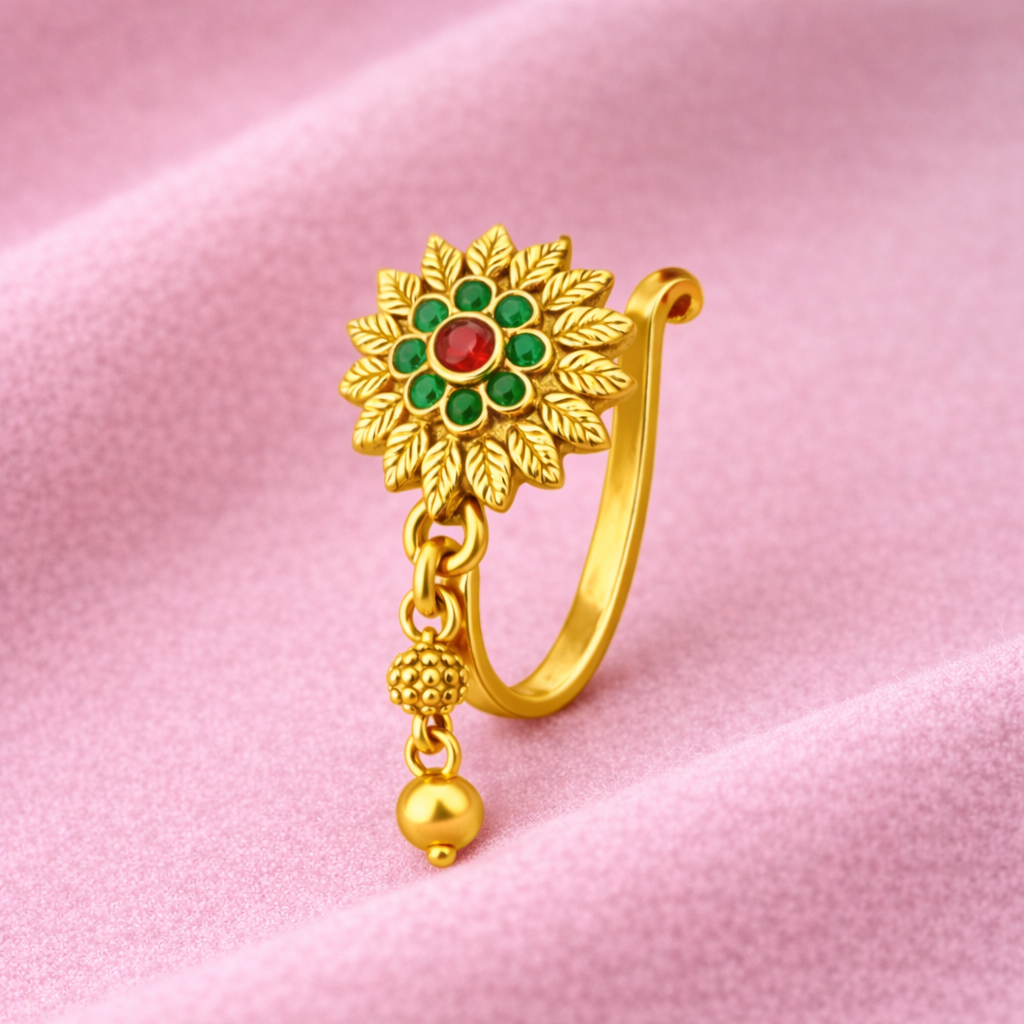 Red & Green Stone Floral Clip-On Nose Pin 925 Sterling Silver Yellow Plated : CNP-0009