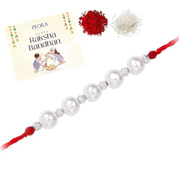 Mens 925 Sterling Silver Pearls Studded Rakhi For Brother Bhaiya|Red Thread|Raksha Bandhan Hamper With Roli Chawal &  : R18S13