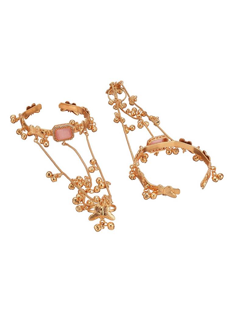 Set Of 2 22K Gold Plated Pink Ad Kashmiri Ghungroo Hand Harness Adjustable Cuff Bracelet Hathphool : SJHP3002