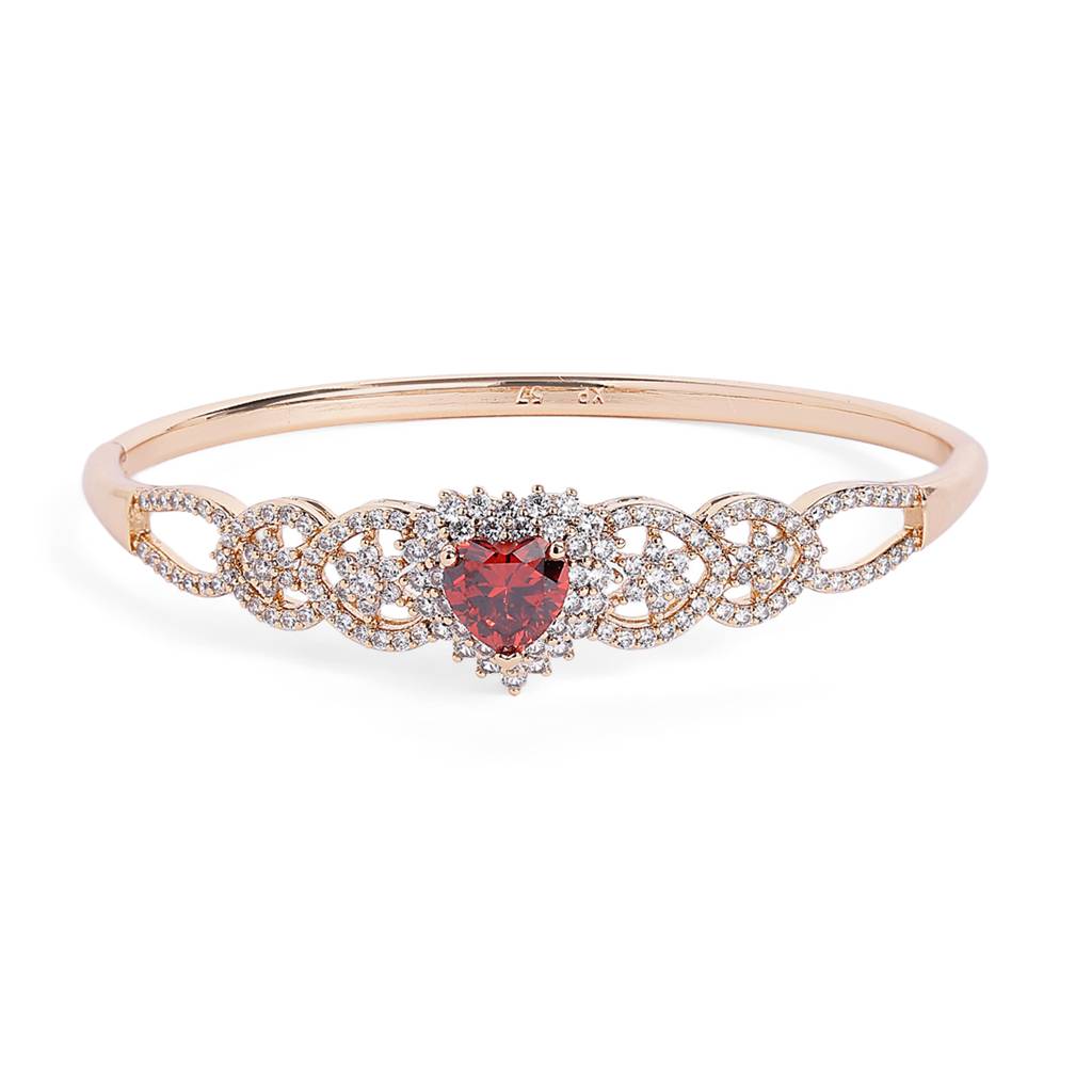 Rose Gold Finish Heart Shape Kada Bracelet | Red Crystal Trendy Party Wear Glam : CAD-031-RG-BR