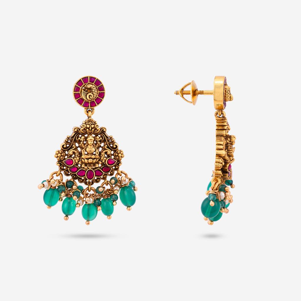Ruby-Green Gold - Plated Festive Temple Earring - 447898 : 447898