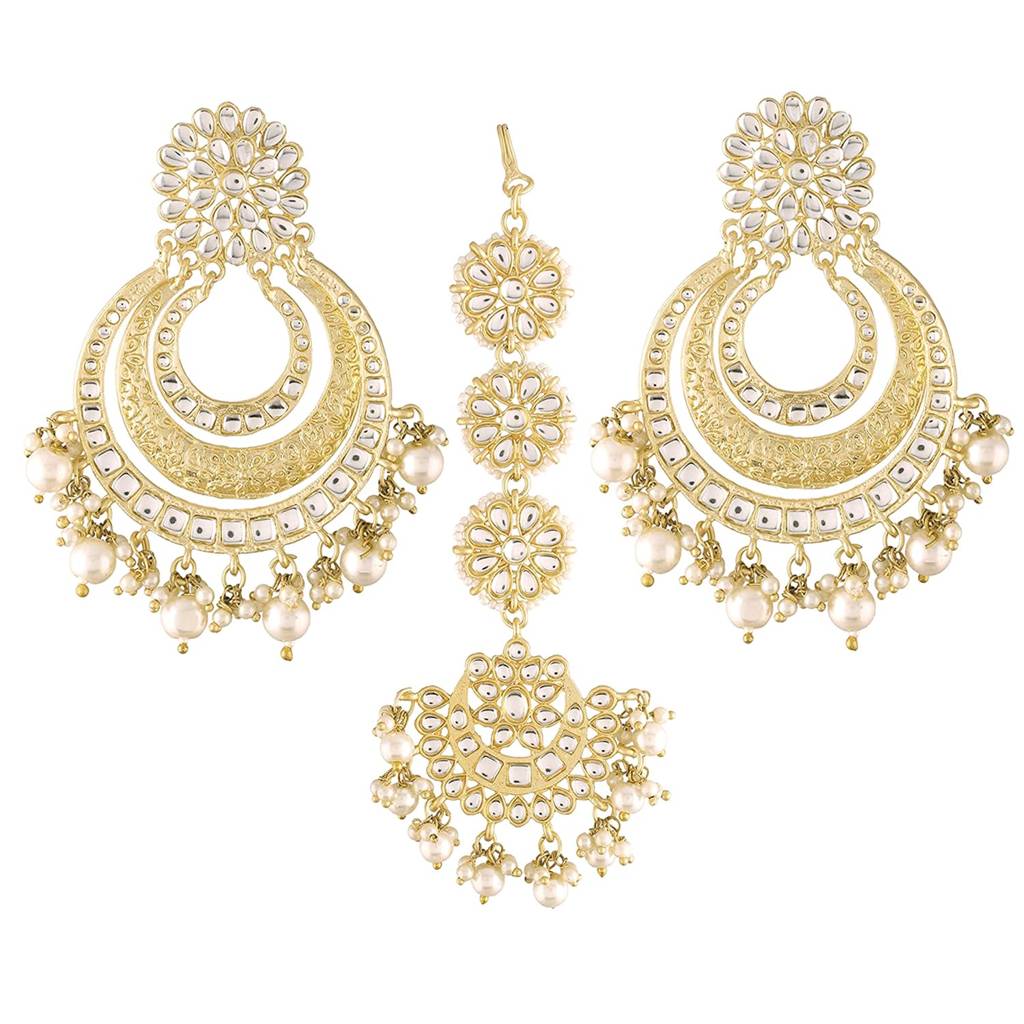 Matte Gold Finish Kundan Chandbali Earring Maang Tikka Traditional Jewellery Set For Women Girls : PF37TE2860W