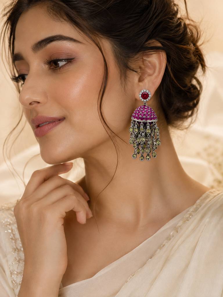 Red Dome Tassel Jhumka-Style Earrings : AN-VM-PI-0123-DE