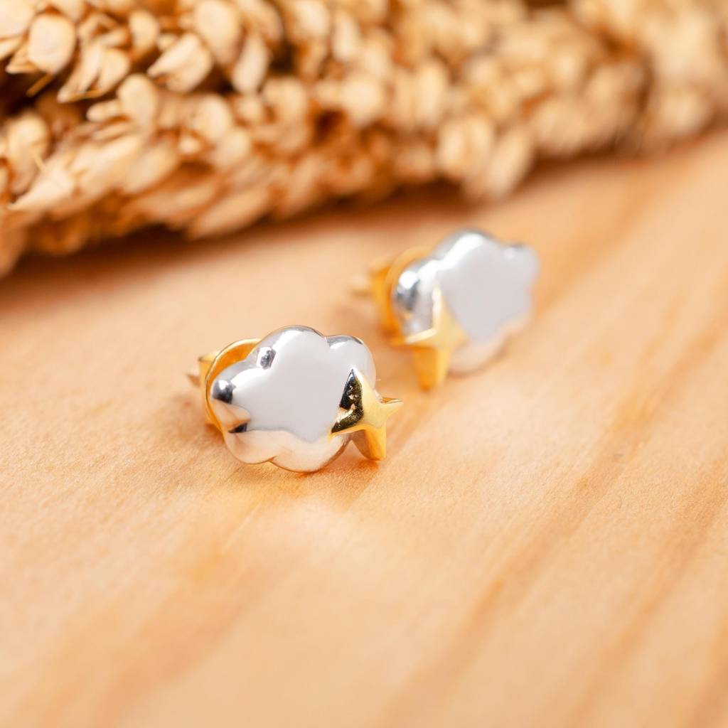 925 Silver Cloud Star Stud Earrings Gold Finish Celestial : SE_000992