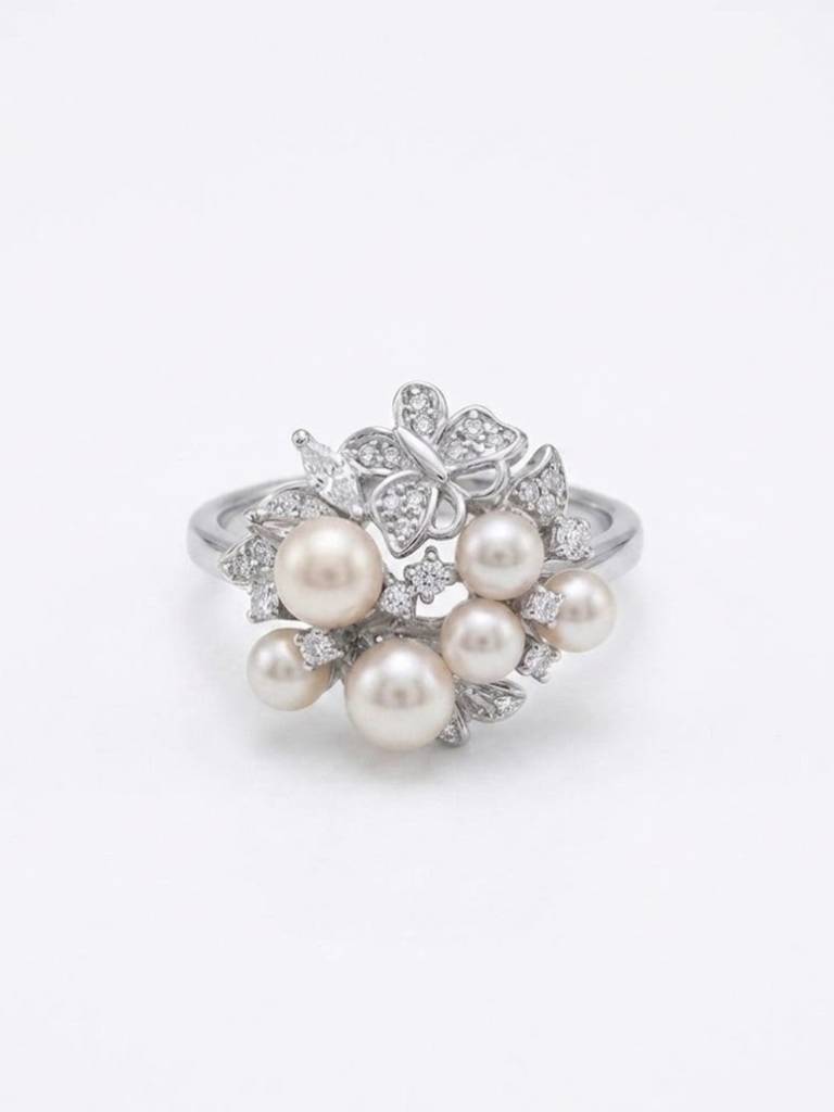 925 Sterling Silver Freshwater Pearl Floral Statement Ring For Women : R-30-8