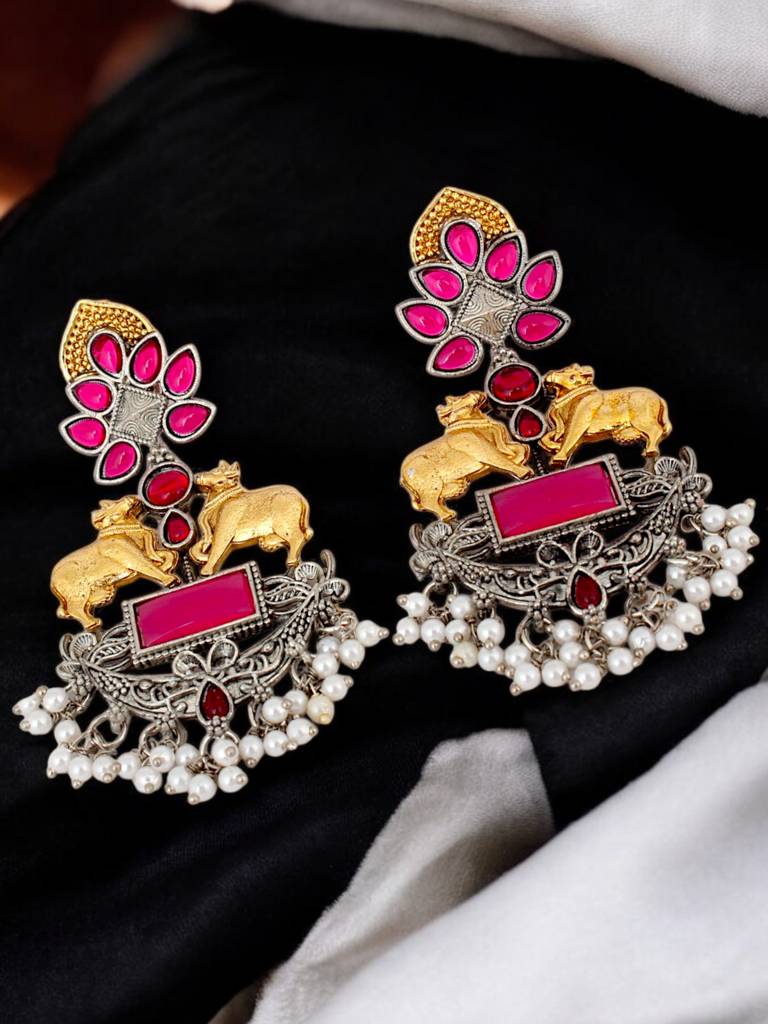 Trendy Celebrity-Inspired Oxidised Silver Magenta Color Earrings For Girls & Women : 410-KEO-14539-R-SG