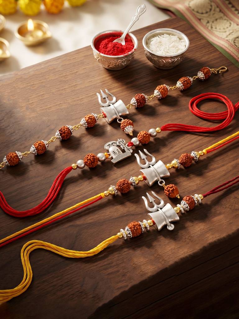 Rudraksha Rakhi Set Of 4 For Brothers With Silver Trishul Design With Roli, Chawal & Card (241-Jpr1-1 : 241-JPR1-1982-S-4-2026