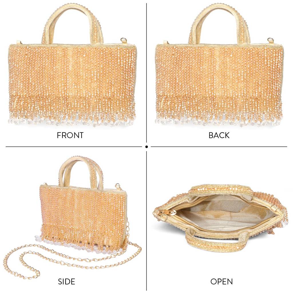 Cream Beads Clutch Purse For Women Girls Fancy Handmade Ethnic Handbag Bridal Clutch : C178CRM-L